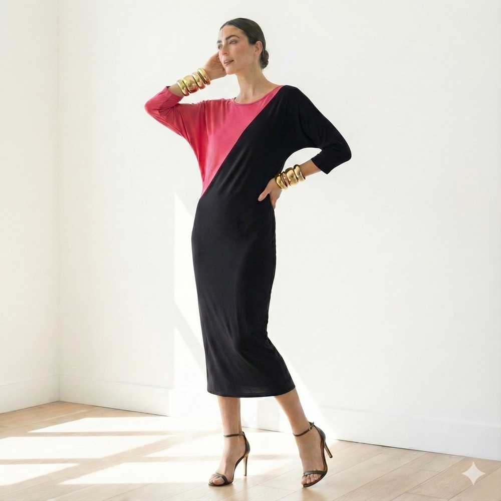 Sandro Ferrone Roma black and coral pink asymmetrical midi dress - Small